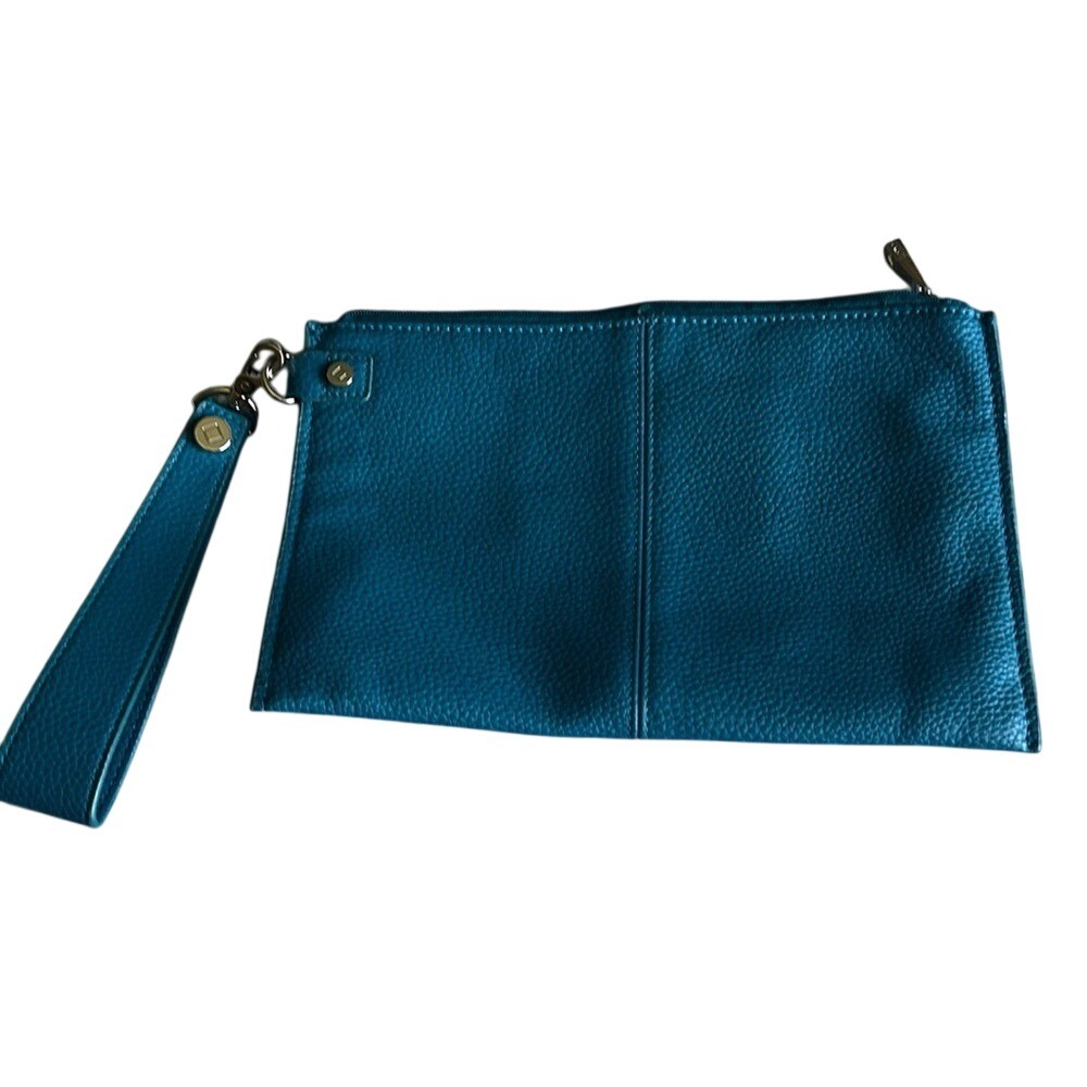 Jewell by Thirty-One Teal Blue Pebbled Faux Leather Wristlet Clutch Gold Tone
